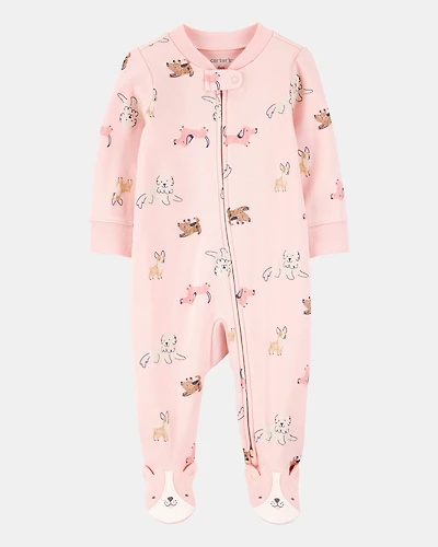 Baby Girl Dog Print 2-Way Zip Cotton Sleep & Play Pajamas - Pink