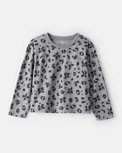 Girls Butterfly Leopard Pocket Tee - Grey