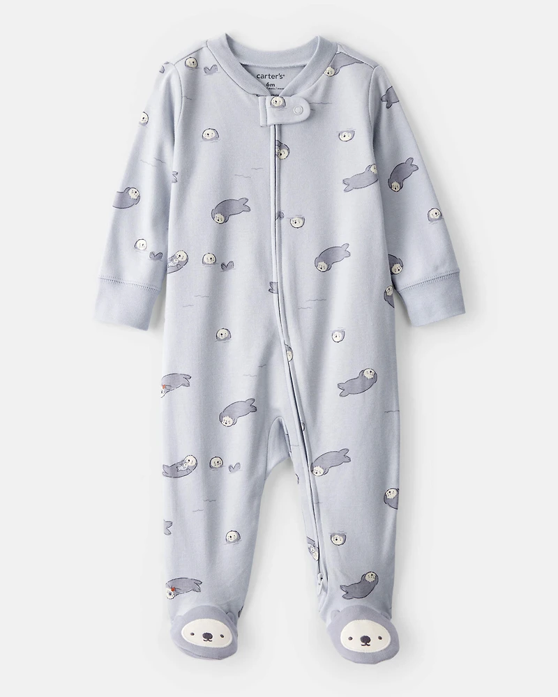 Otter Print 100% Cotton Long-Sleeve Snug Fit Sleep & Play Pajamas - Blue