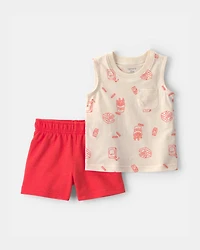 Baby Boy 2-Piece Snack Time Top & Short Set - Cream/Red