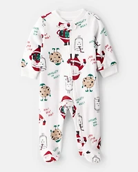 Baby Beige Santa Milk & Cookies Loose Fit Fleece Long-Sleeve Sleep & Play Pajamas - White