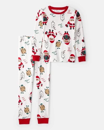 Kid Brown Santa Milk & Cookies 100% Cotton Long-Sleeve Snug Fit 2-Piece Pajamas - White