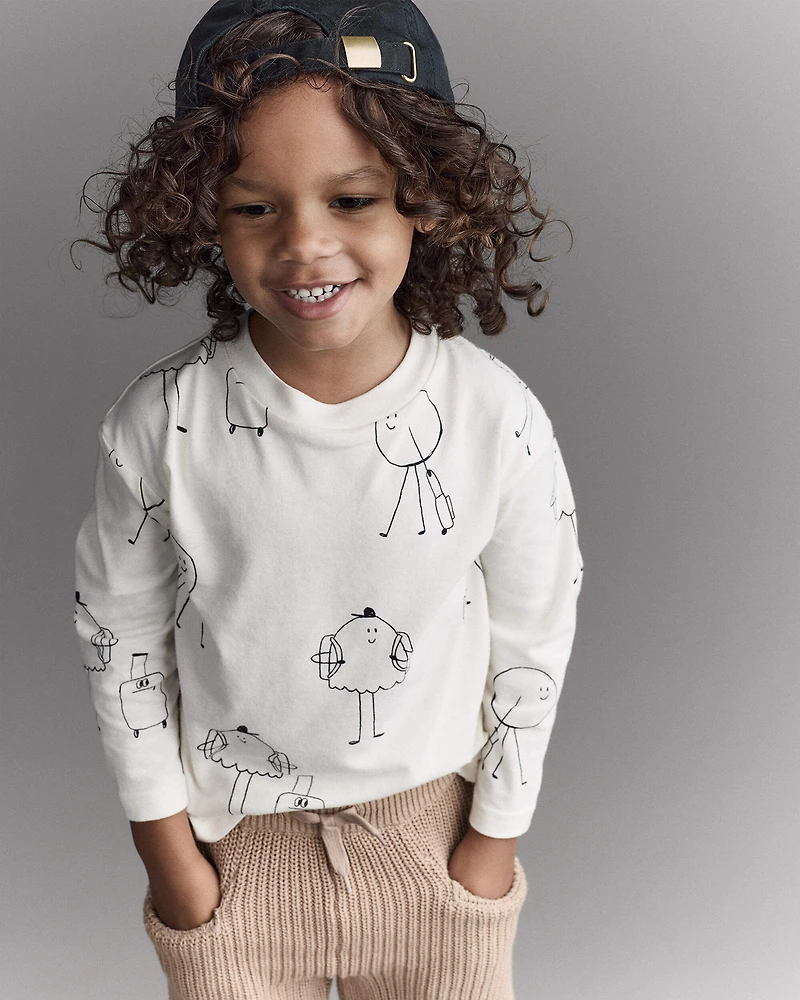 Toddler Neutral Travel Squish Character Long-Sleeve Graphic Tee - Cream