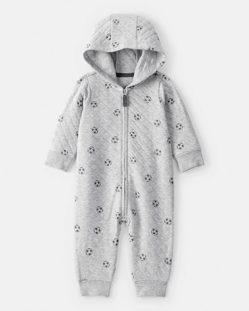Baby Boy Soccer Quilted Long-Sleeve Hooded Jumpsuit - Black