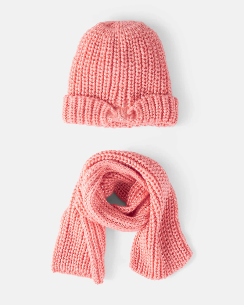 Girls 2-Piece Shimmer Winter Hat & Scarf - Coral