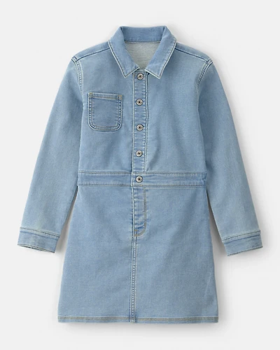 Girls Button-Front Long-Sleeve Denim Dress - Blue