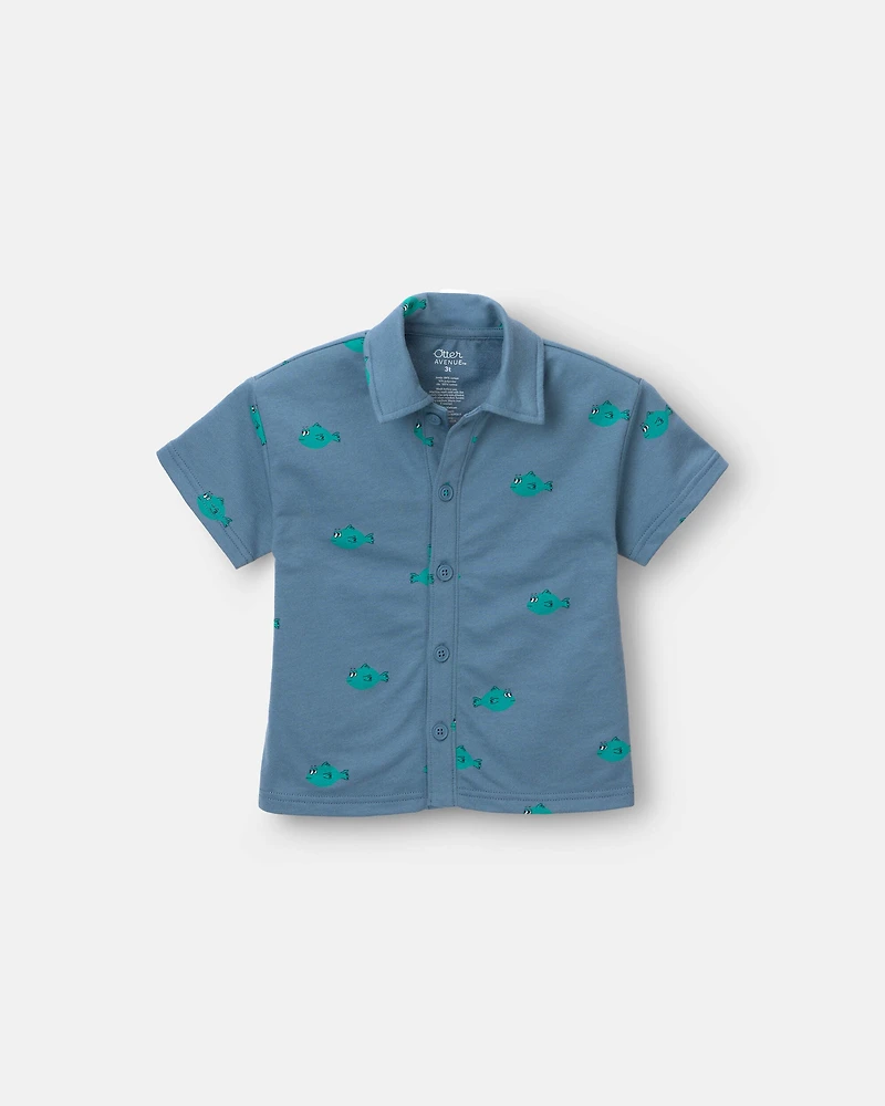 Toddler Boy Button-Down Short-Sleeve Shirt in Fish Print - Slate Blue