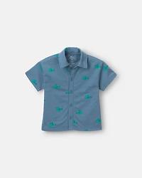 Toddler Boy Button-Down Short-Sleeve Shirt in Fish Print - Slate Blue