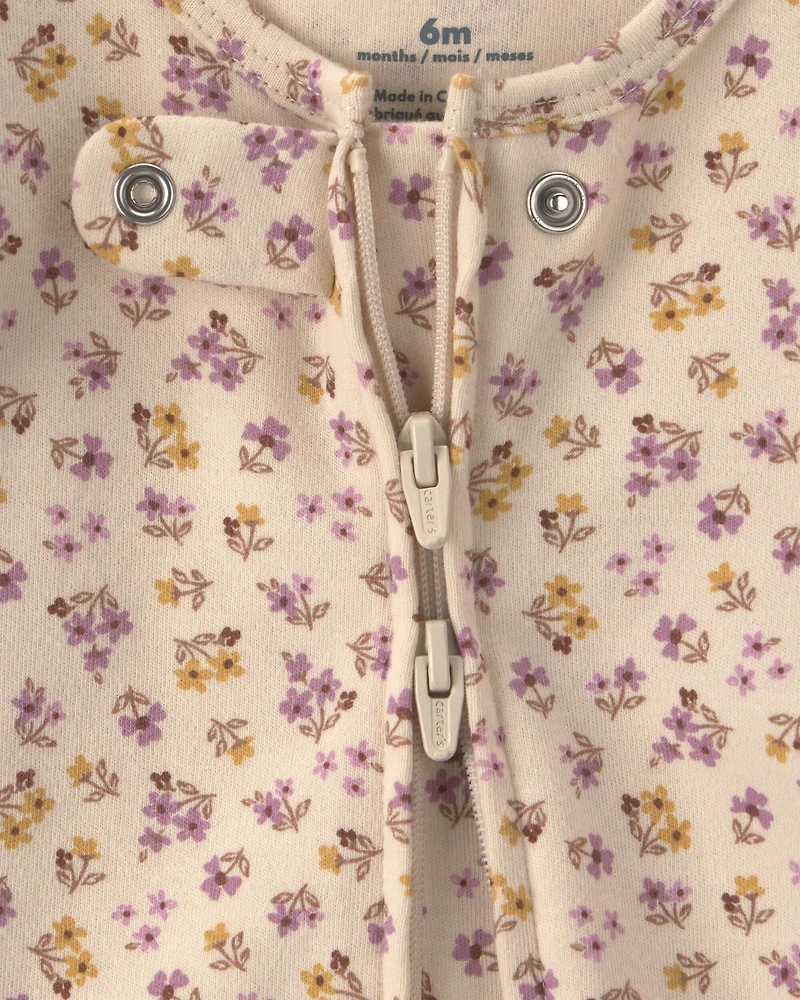 Baby Girl Floral 100% Cotton 2-Way Zip Sleep & Play Pajamas - Cream