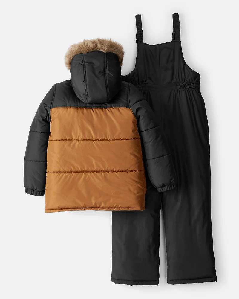 Boys 2-Piece Color Block Hooded Snowsuit Jacket & Bib Set - Brown/Black