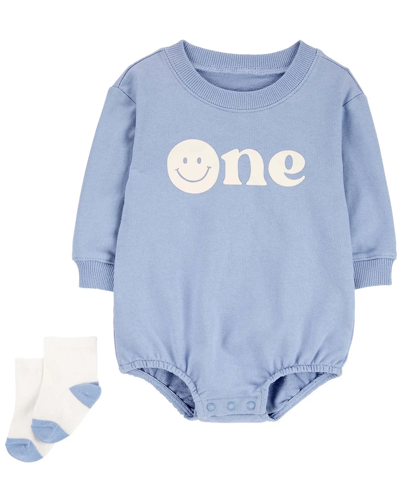 Baby Boy 2-Piece Birthday Bubble & Socks Set - Blue/White