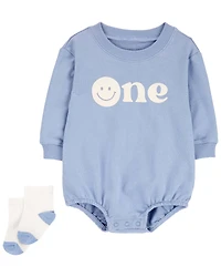 Baby Boy 2-Piece Birthday Bubble & Socks Set - Blue/White