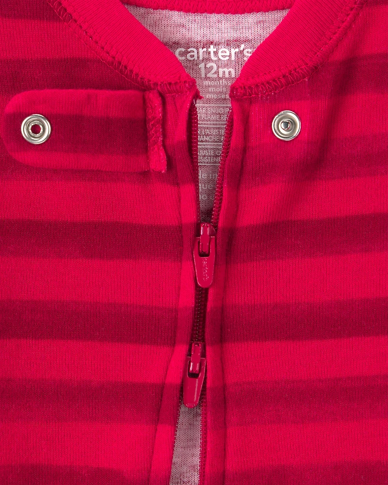 Baby 1-Piece Striped Reindeer 2-Way Zip 100% Cotton Snug Fit Footed Pajama - Red