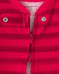 Baby 1-Piece Striped Reindeer 2-Way Zip 100% Cotton Snug Fit Footed Pajama - Red
