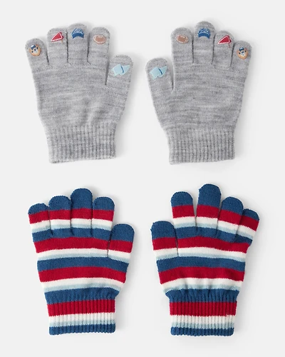 Boys 2-Pack Stripe & Sports Gloves - Blue/Green