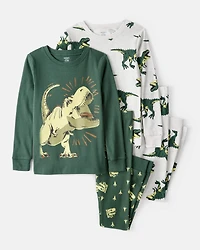 Boys Dinosaur Print 100% Cotton Long-Sleeve 4-Piece Pajamas - Green