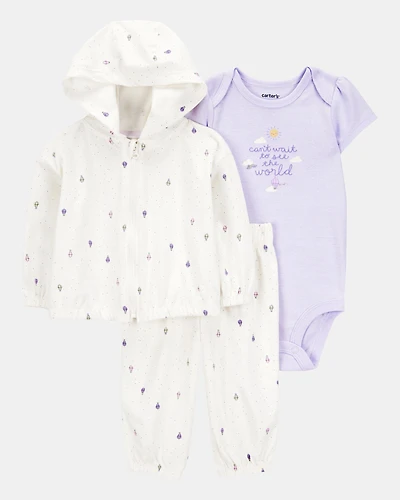Baby Girl 3-Piece Hot Air Balloon Print Little Cardigan Set - White/Purple