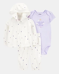 Baby Girl 3-Piece Hot Air Balloon Print Little Cardigan Set - White/Purple