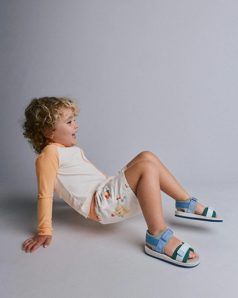 Toddler Boy Swim Trunks in Sandcastle Print - Cream
