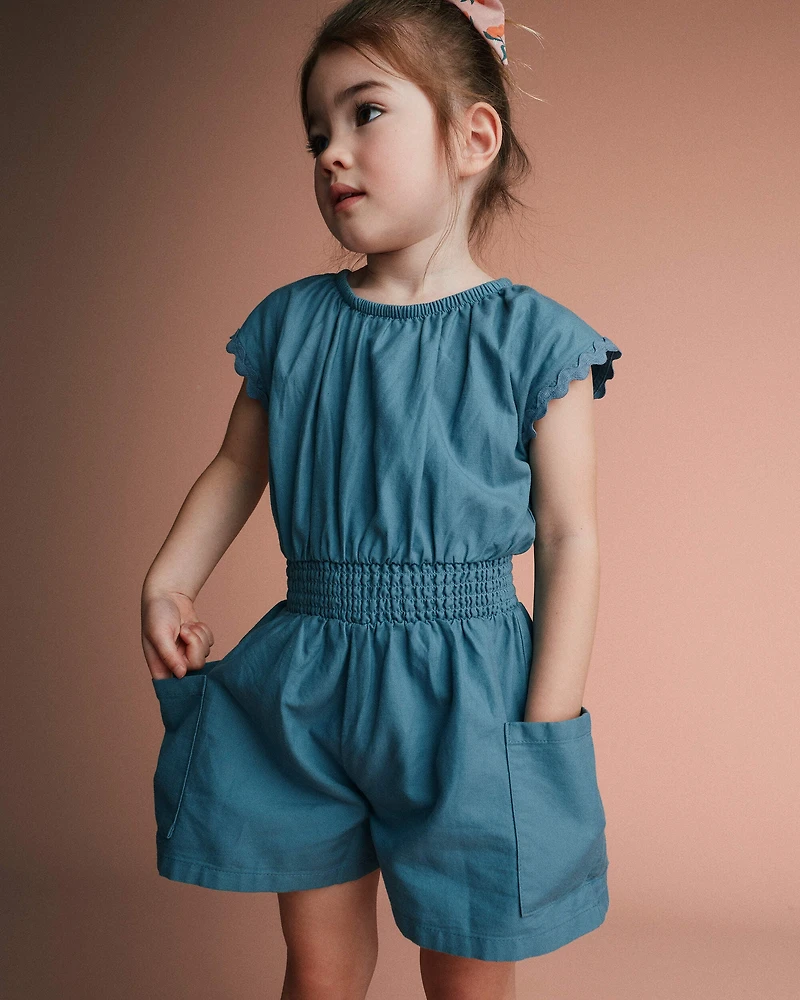 Toddler Girl Ric-Rac Swing Romper with Pockets - Blue