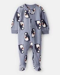 Baby Boy Penguin Fleece 2-Way Zip Sleep & Play Pajamas - Grey