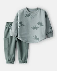 Baby Boy Dinosaur French Terry Long-Sleeve Tee & Pant Set- Green/Grey