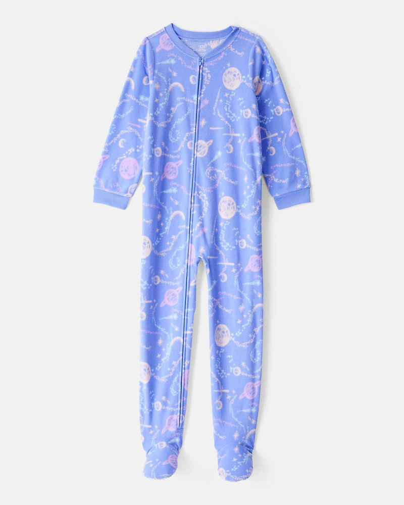 Girls Space Print Loose Fit Long-Sleeve Zip-Up 1-Piece Pajamas - Blue