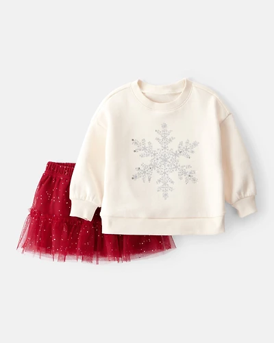 Baby Girl 2-Piece DayDream Fleece Snowflake Print Long-Sleeve Top & Skort Set - Red/Cream