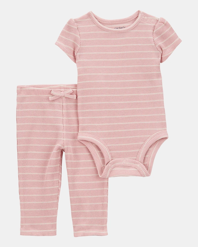 Baby Girl 2-Piece Striped Short-Sleeve Waffle Knit Bodysuit Pant Set - Pink
