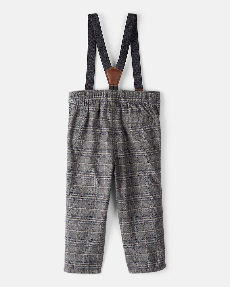 Baby Boy Plaid Cotton Pants With Suspenders - Grey