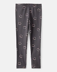 Girls Smiley Face Print Cotton Pull-On Stretch Leggings - Black