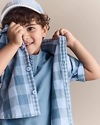 Toddler Boy Button-Down Short-Sleeve Shirt in Plaid - Blue