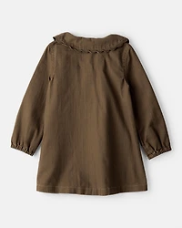 Toddler Girl Scalloped Collar Button-Down Long-Sleeve Dress - Brown