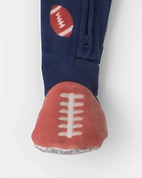 Baby Boy 1-Piece Football 2-Way Zip DreamPlush Snug Fit Footed Pajama - Navy Blue