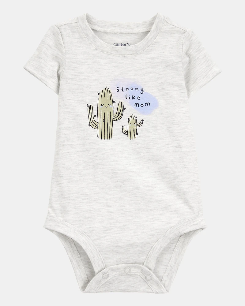 Baby "Strong Like Mom" Cactus Short-Sleeve Bodysuit - Gray
