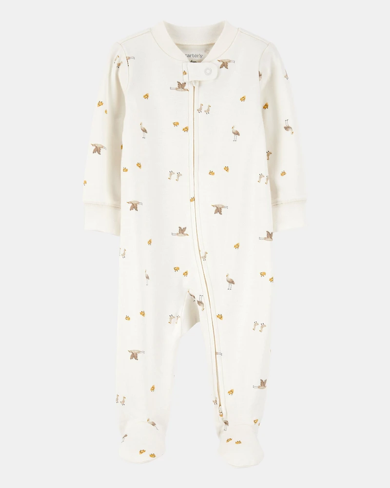 Baby Mini Bird Print 2-Way Zip Cotton Sleep & Play Pajamas