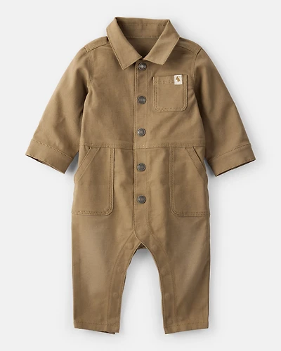 Baby Boy Canvas Long-Sleeve Jumpsuit - Brown
