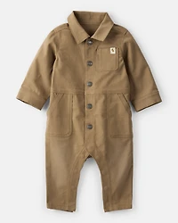 Baby Boy Canvas Long-Sleeve Jumpsuit - Brown