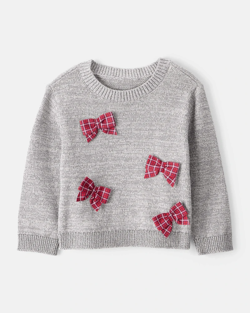 Baby Girl Bow Cotton Long-Sleeve Sweater - Grey