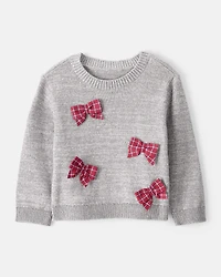Baby Girl Bow Cotton Long-Sleeve Sweater - Grey