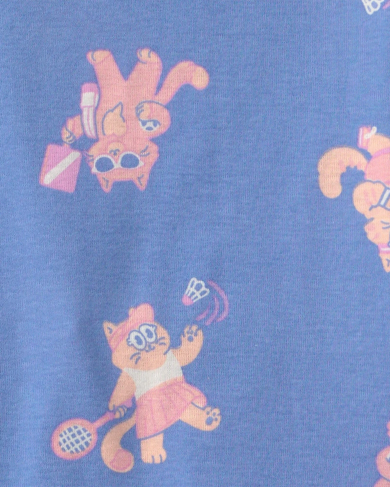 Toddler Girl Cat 100% Cotton Short-Sleeve Snug Fit 4-Piece Pajama Set - Purple/Blue