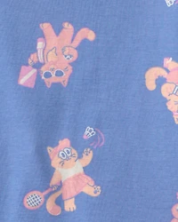 Toddler Girl Cat 100% Cotton Short-Sleeve Snug Fit 4-Piece Pajama Set - Purple/Blue