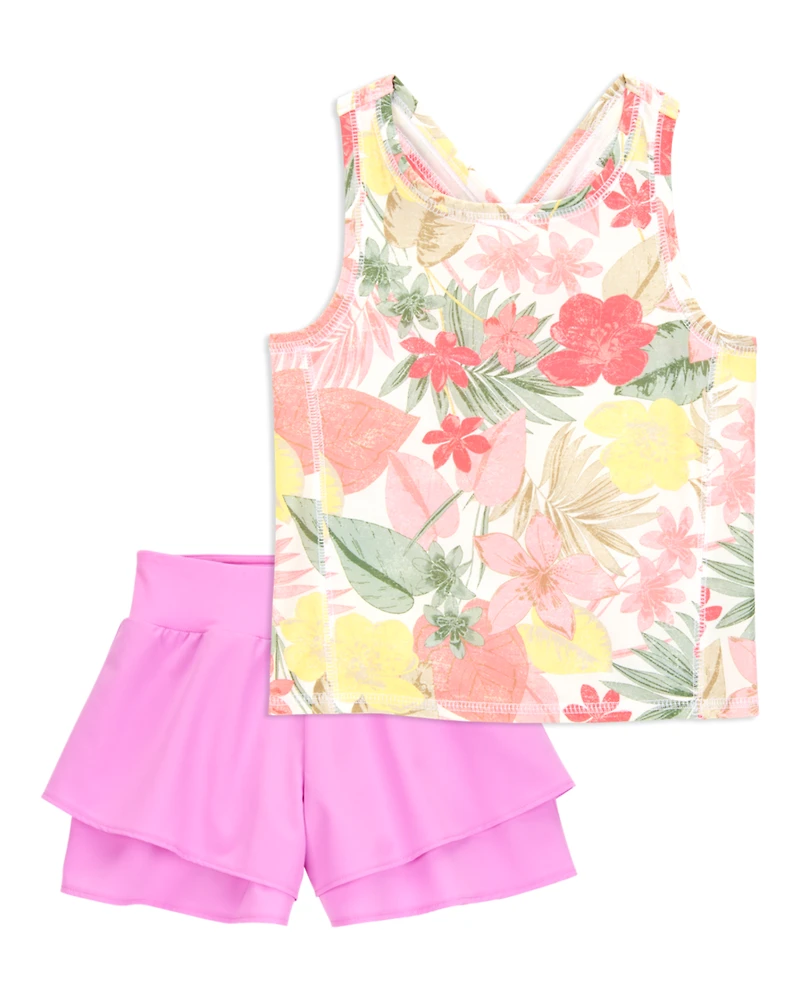Kid 2-Piece Floral Active Racerback Tank & Flowy Layered Flip Short Set - Pink/Yellow