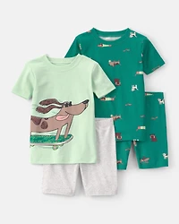 Toddler Boy Skateboard Dog Cotton Short-Sleeve Snug Fit 4-Piece Pajama Set - Green