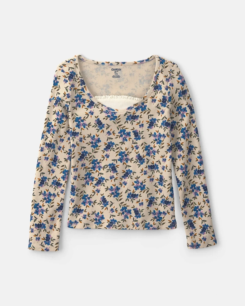 Girls Floral Long-Sleeve Top - Blue/Cream