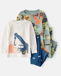 Baby Boy Construction Print 100% Cotton Long-Sleeve 4-Piece Pajamas - Blue/White/Navy