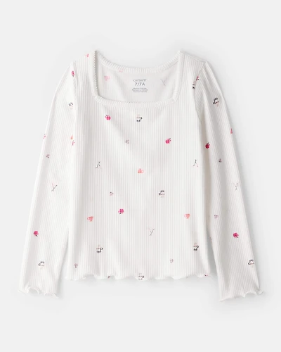 Girls Cafe-Print Ribbed Top - Ivory