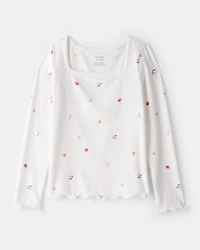 Girls Cafe-Print Ribbed Top - Ivory