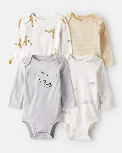 Baby 4-Pack Safari Print Cotton Long-Sleeve Multipack Bodysuits - Ivory/Yellow