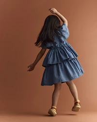 Toddler Girl Ruffle Tiered Dress in Chambray - Blue